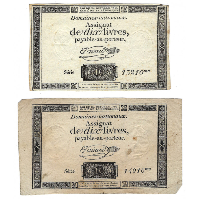 France lot de 2 assignats de 10 livres N°Ass-36a.