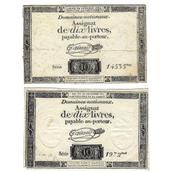 France lot de 2 assignats de 10 livres N°Ass-36a.