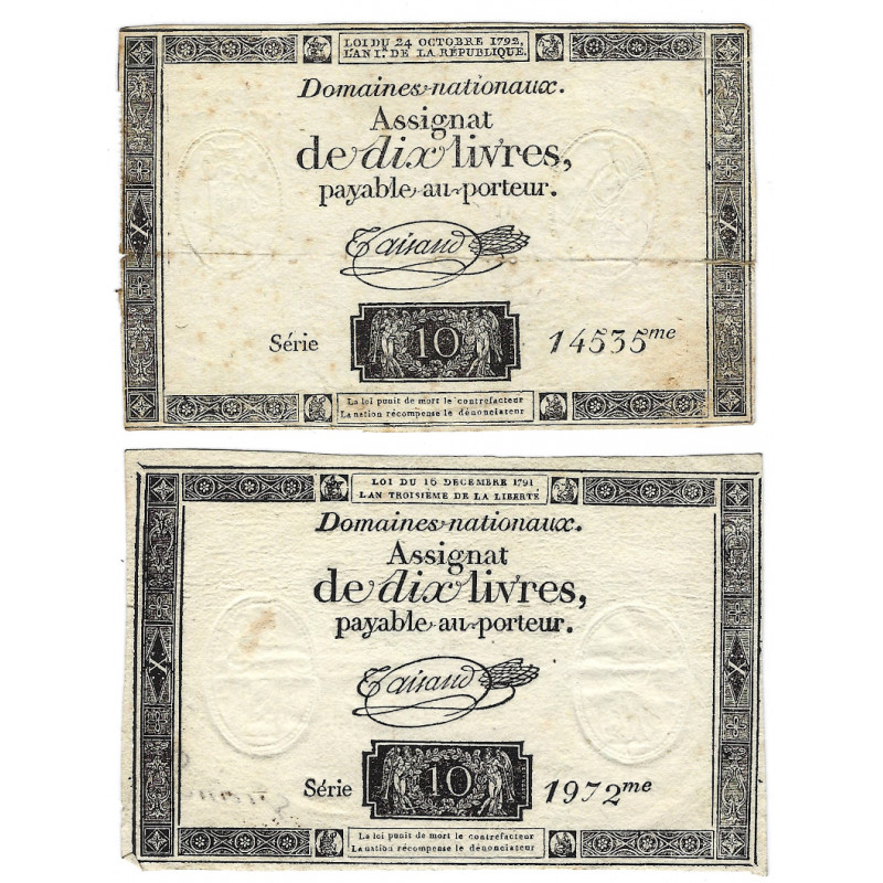 France lot de 2 assignats de 10 livres N°Ass-36a.
