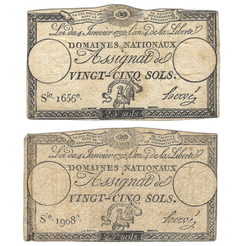 France lot de 2 assignats de 25 sols N°Ass-25f.
