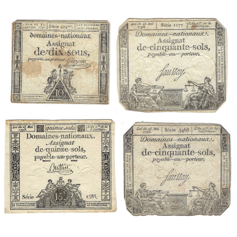 France lot de 4 assignats émis entre 1792-1793.