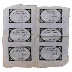 France Assignat de 5 livres N°Ass-46a feuille de 6 exemplaires.