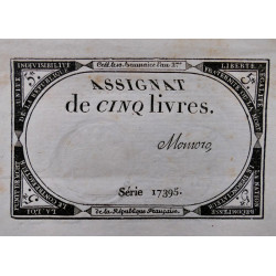 France Assignat de 5 livres N°Ass-46a feuille de 6 exemplaires.
