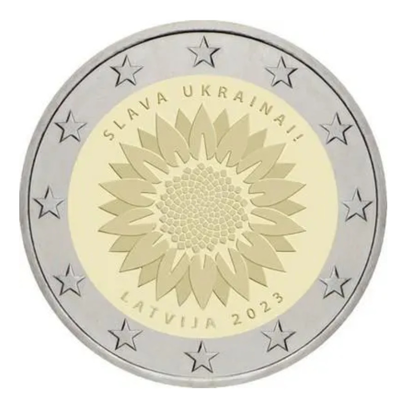 2 euros commémorative Lettonie 2023 - Tournesol pour l'Ukraine.