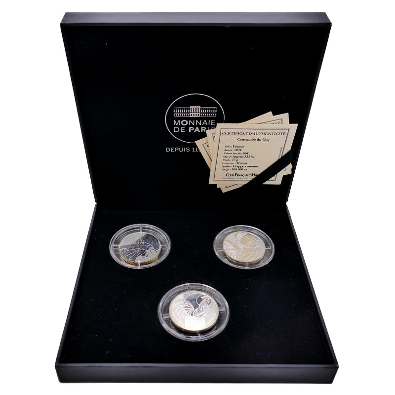 Coffret de 3 monnaies 10 euros argent France Le Coq 2014-2016.