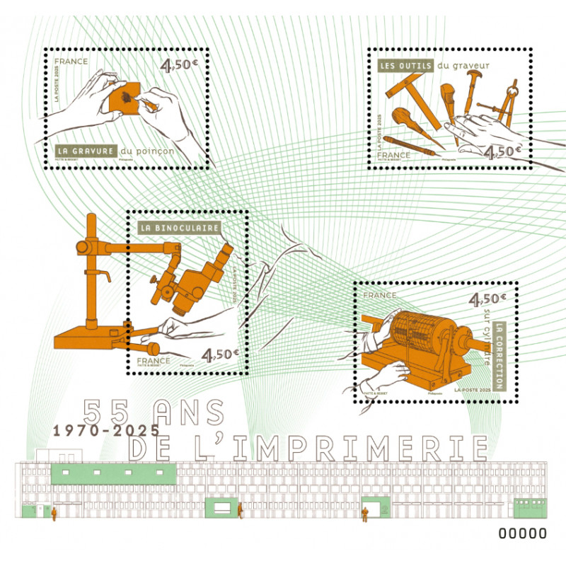 Feuillet de 4 timbres 55 ans de l'imprimerie Boulazac 1970-2025.