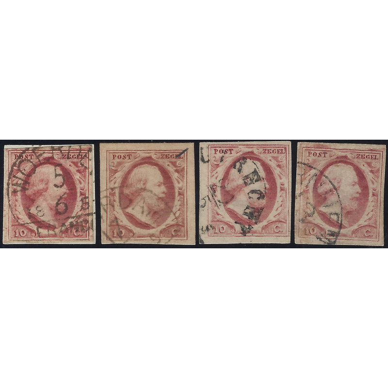 Pays-Bas Guillaume III timbre N°2 lot de 4 ex. oblitérés.