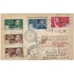 A.E.F. timbres N°140A-D oblitérés sur CP Brazzaville pour New York 1943.