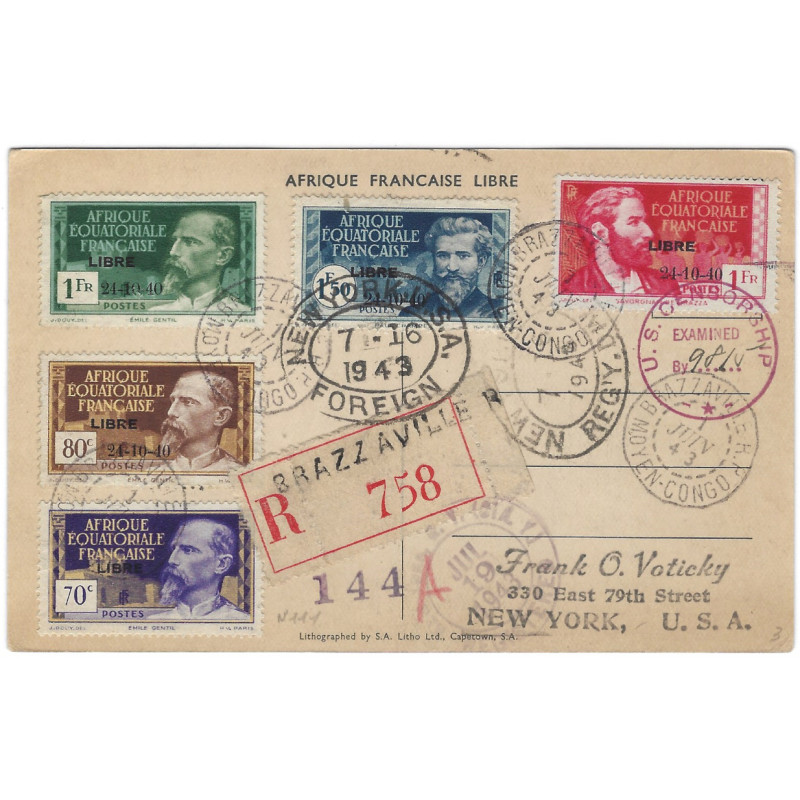 A.E.F. timbres N°140A-D oblitérés sur CP Brazzaville pour New York 1943.