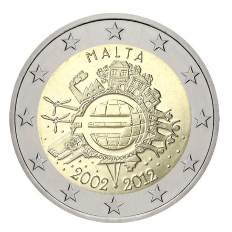 2 euros commémorative Malte 2012 - 10 ans de l'Euro.