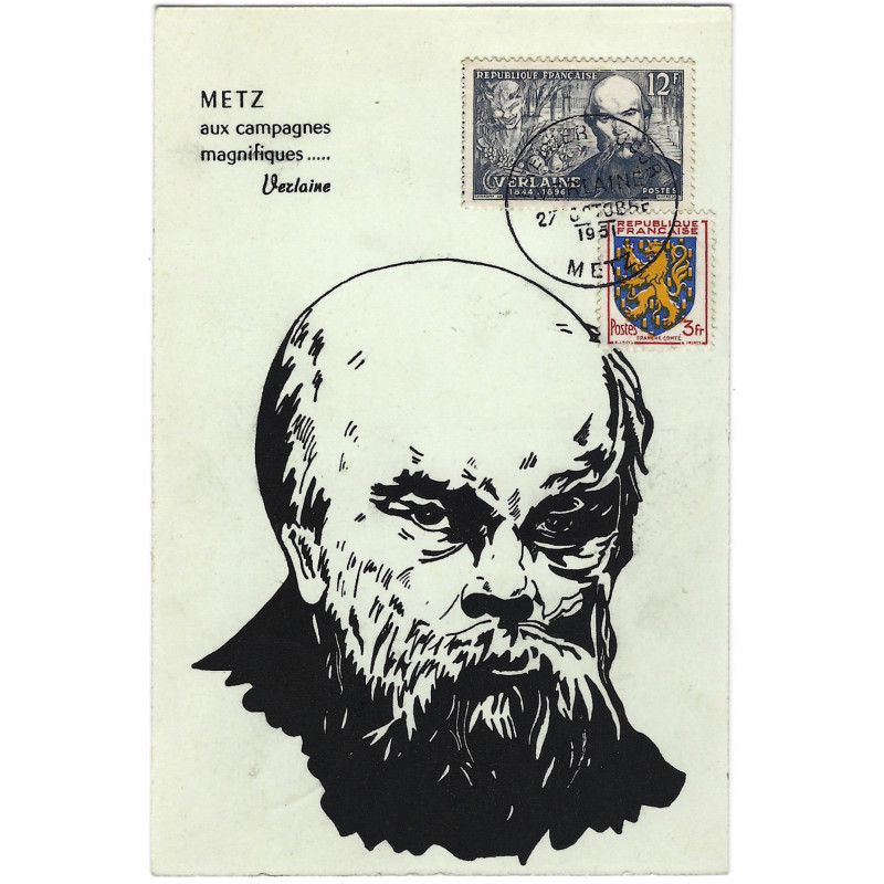 Verlaine timbre de France N°909 oblitéré sur carte maximum.