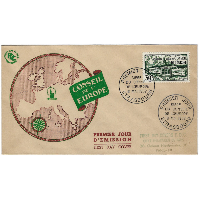 Conseil de l'Europe timbre de France N°923 oblitéré sur FDC.