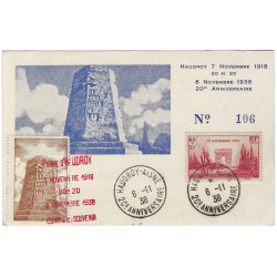 Haudroy 20ème anniversaire carte commémorative oblitéré 6-11-1938.