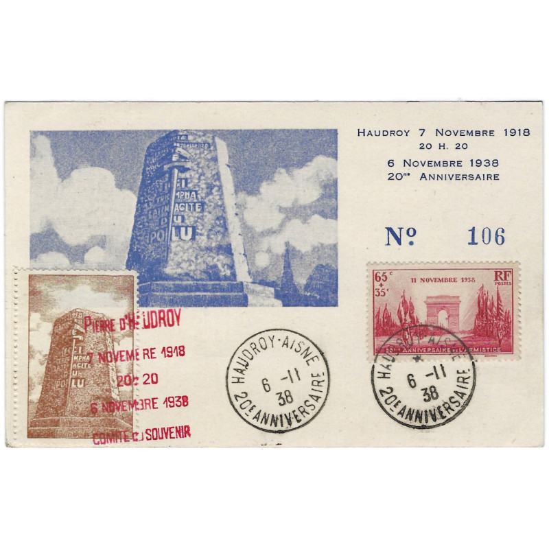 Haudroy 20ème anniversaire carte commémorative oblitéré 6-11-1938.