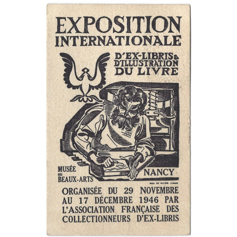 Cachet d'exposition internationale d'ex-libris d'illustration du livre 30-11-1946 sur CP. Cachet d'exposition internationale d'ex-libris d'illustration du livre 30-11-1946 sur CP.