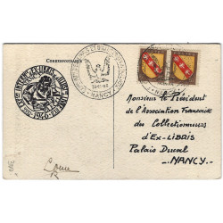 Cachet d'exposition internationale d'ex-libris d'illustration du livre 30-11-1946 sur CP. Cachet d'exposition internationale d'ex-libris d'illustration du livre 30-11-1946 sur CP.
