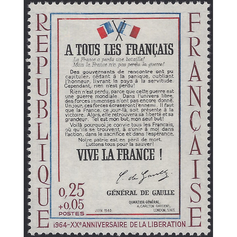 Libération timbre de France N°1408c variété neuf**.