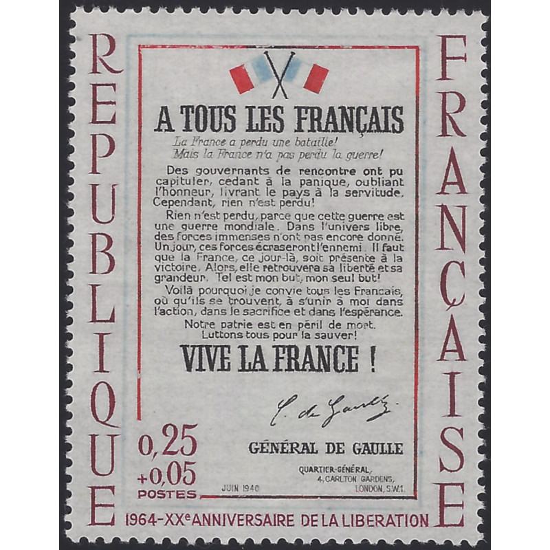 Libération timbre de France N°1408 variété neuf**. Libération timbre de France N°1408 variété neuf**.