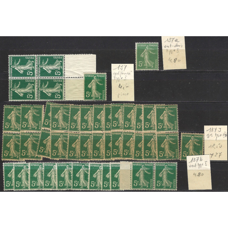 Semeuse timbre de France N°137 lot de 44 exemplaires neufs pour étude.