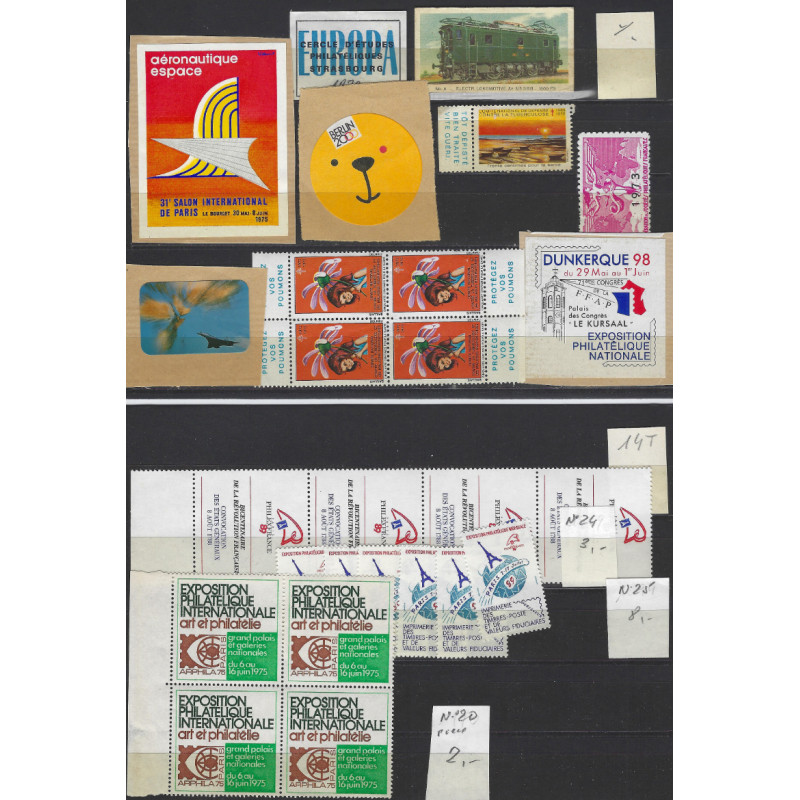 Lot de divers vignettes de France moderne en 2 cartes de classement.