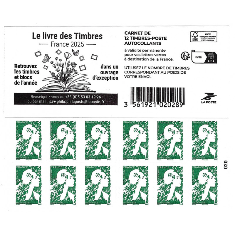 Carnet de 12 timbres Marianne de l'avenir - Le Livre des timbres 2025.