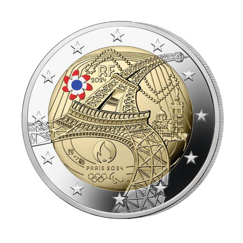 2 euros commémorative France 2024 - Tour Eiffel JO Paris colorisé en coffret BE.