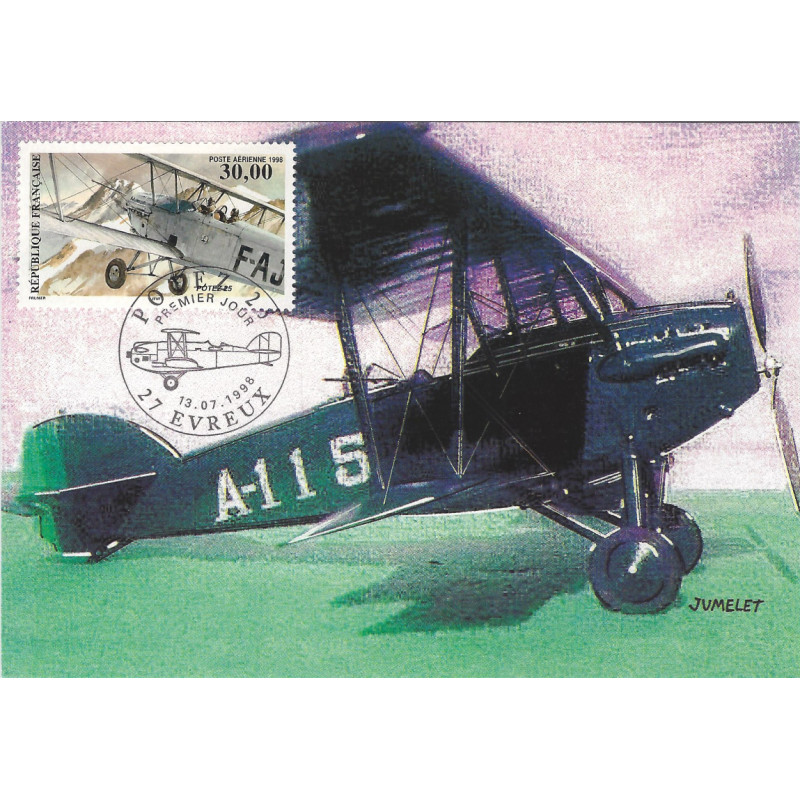 Timbre poste aérienne N°62 Potez 25 oblitéré sur carte maximum.