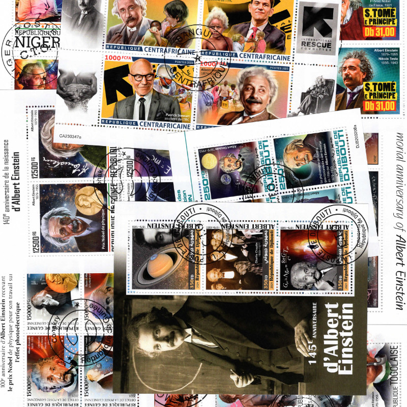 Albert Einstein 10 blocs feuillets de timbres thématiques.