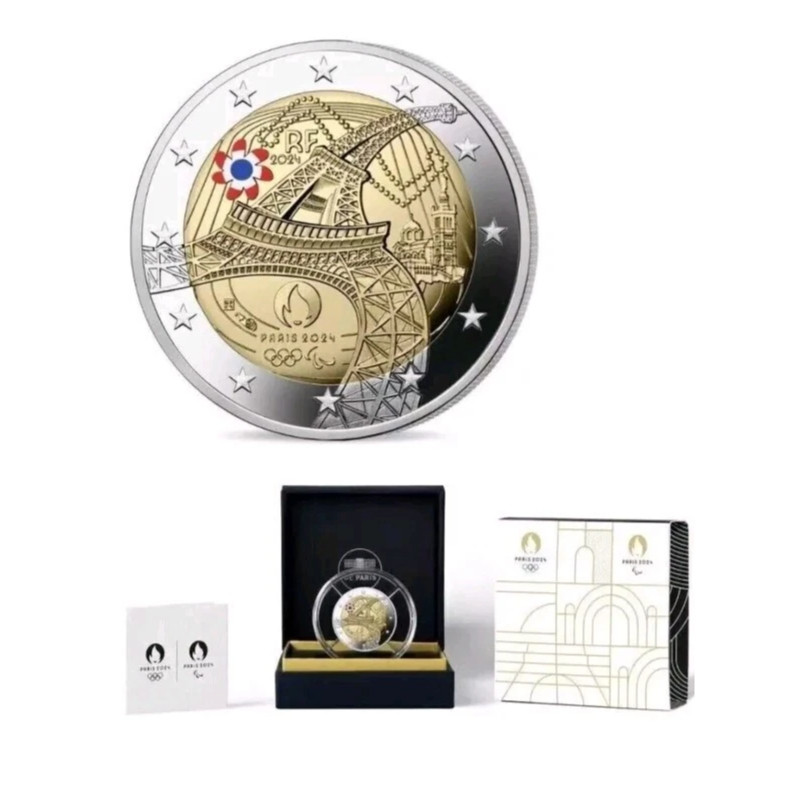 2 euros France 2024 - JO Paris Tour Eiffel colorisée en coffret BE.