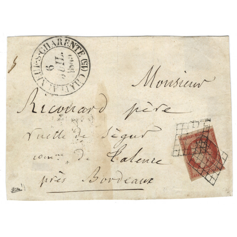 Cérès 1 franc vermillon timbre de France N°7 oblitéré grille sur devant lettre. R