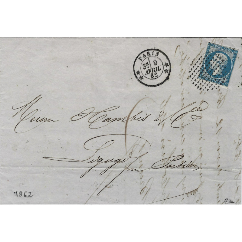 Empire non dentelé N°14B oblitéré cercle de points sur pli de Paris 1862.