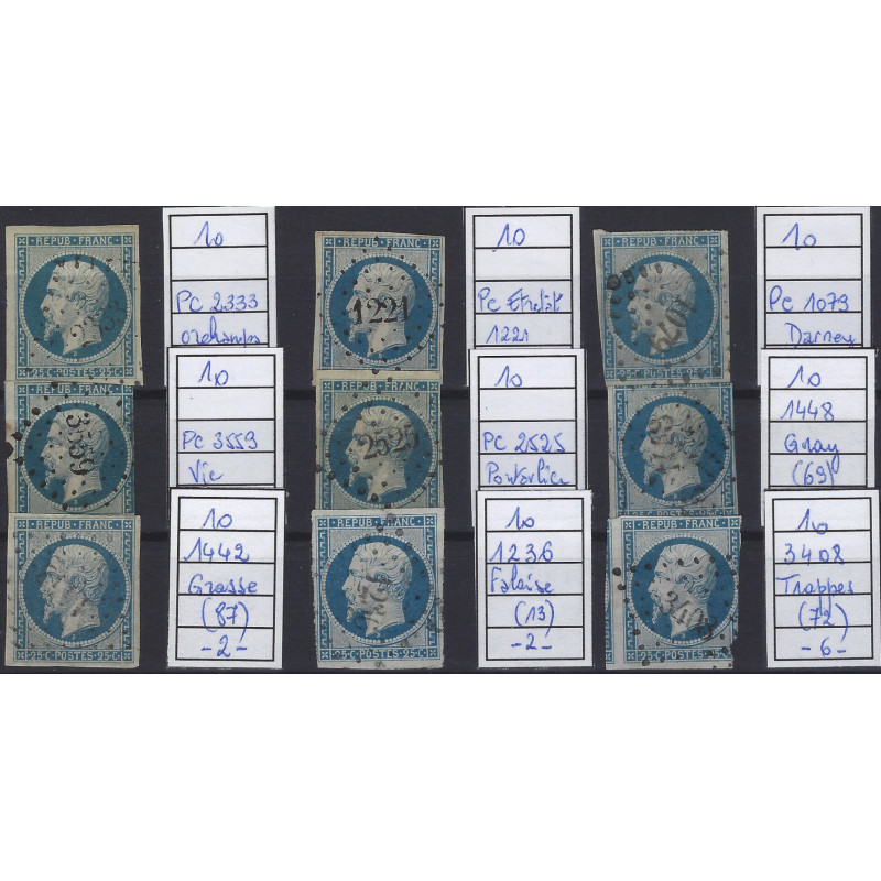 Présidence timbre de France N°10 lot de 9 ex. oblitérés losange petits chiffres.