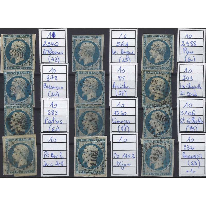 Présidence timbre de France N°10 lot de 12 ex. oblitérés losange petits chiffres.