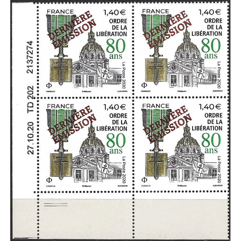 Ordre de la Libération surchargé timbre de France N°5458A bloc coin daté neuf**.