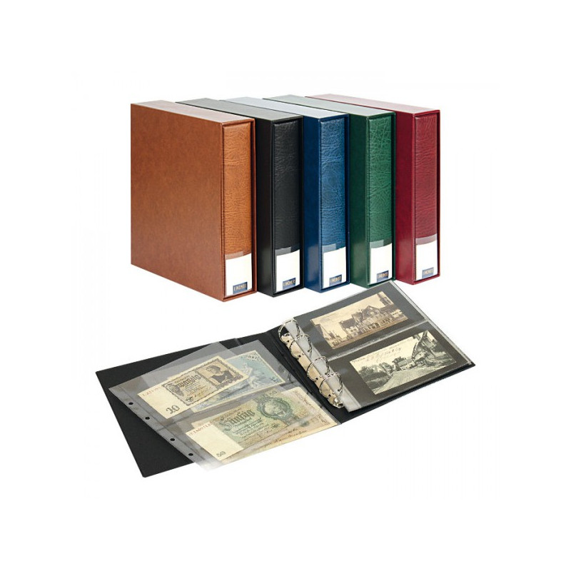 Reliure Publica M Lindner avec boitier de protection garnie de 20 feuilles pour cartes postales et billets de banque.