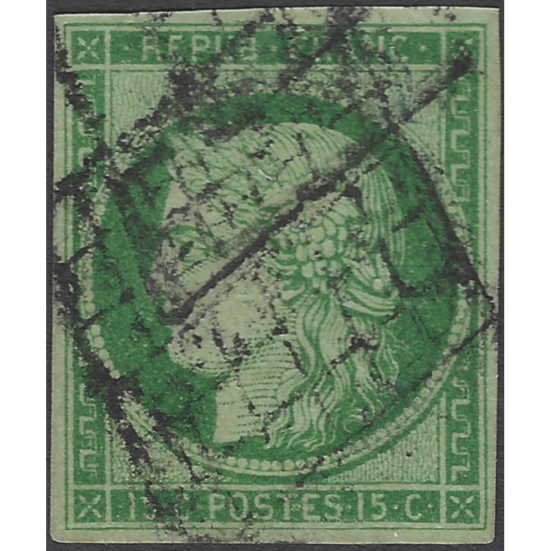 Cérès timbre de France N°2b vert foncé oblitéré grille.