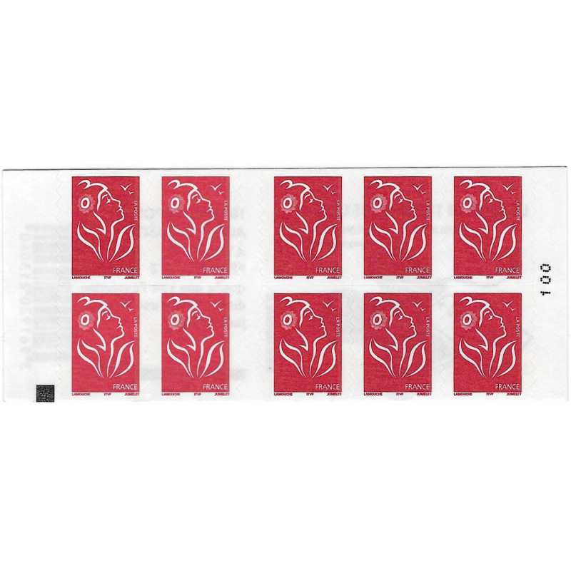 Carnet de 10 timbres Marianne de Lamouche N°3744-C5a carré noir.