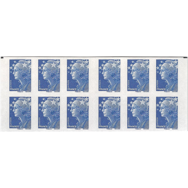 Carnet de 12 timbres Marianne de Beaujard bleu N°4201-C1a carré noir.