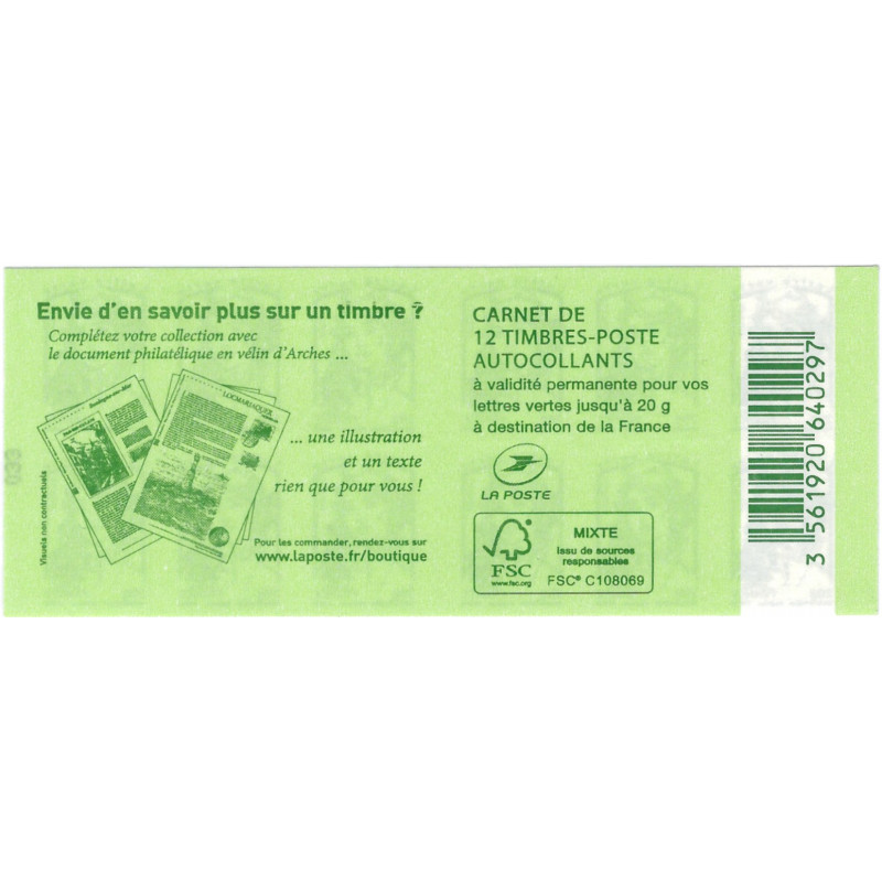 Carnet de 12 timbres Marianne de Ciappa vert N°858-C11.