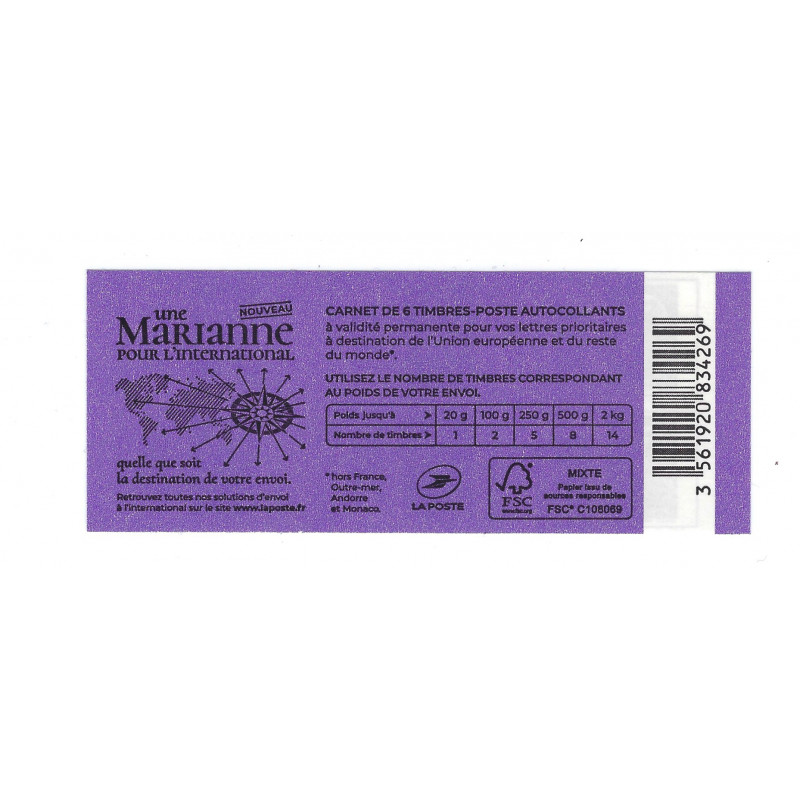 Carnet de 6 timbres Marianne d'Yseult YZ Datamatrix International N°1656.