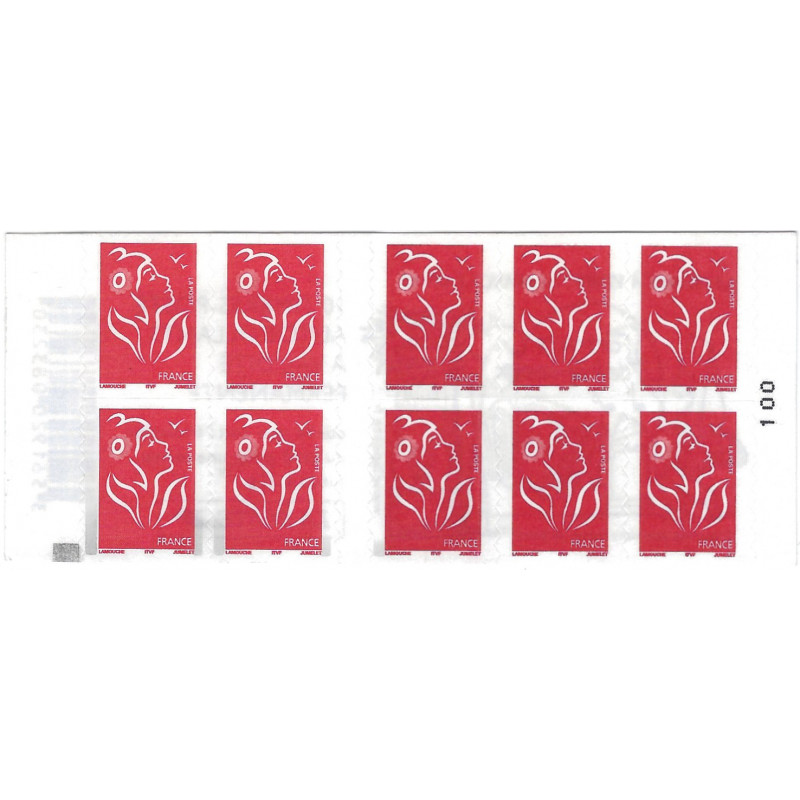Carnet de 10 timbres Marianne de Lamouche N°3744-C4a carré noir.
