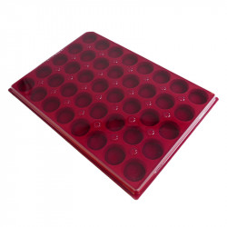 Plateau velours rouge avec couvercle pour 40 muselets de Champagne.