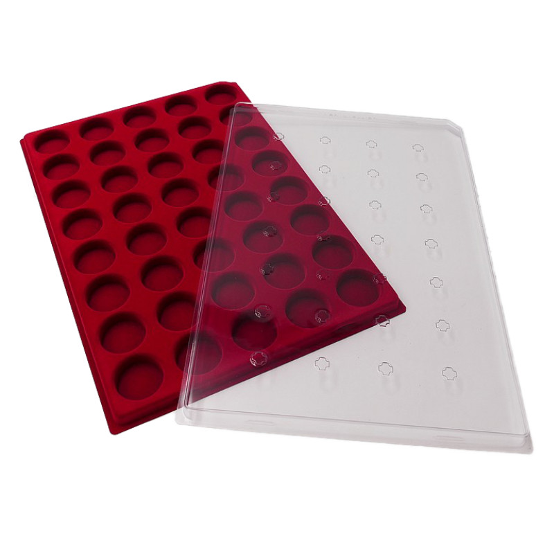 Plateau velours rouge avec couvercle pour 40 muselets de champagne, capsules de bière.