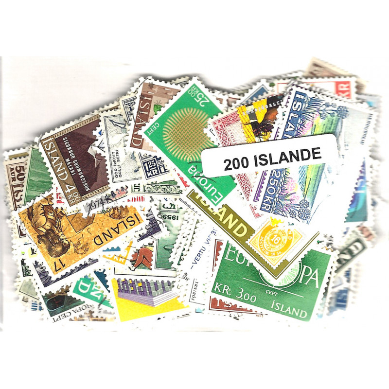 Islande 200 timbres de collection tous différents.