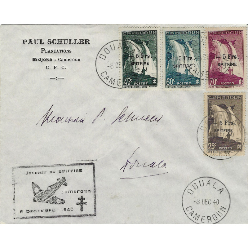 Cameroun série Spitfire oblitérés sur enveloppe avec flamme 8-12-1940.