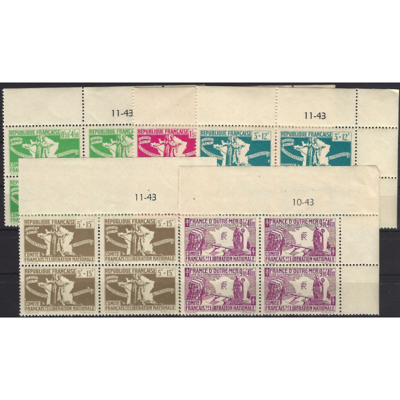 France Libre timbres N°1-5 série aide aux combattants en bloc coin daté neuf**.