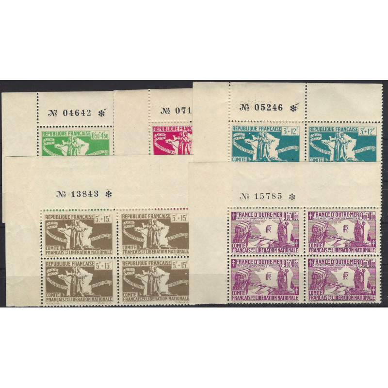 France Libre timbres N°1-5 série aide aux combattants en bloc coin numéroté neuf**.
