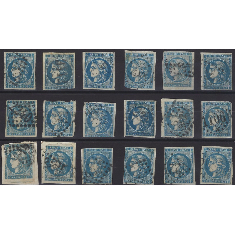 Bordeaux timbre de France N°45-46 lot de 18 exemplaires pour étude.