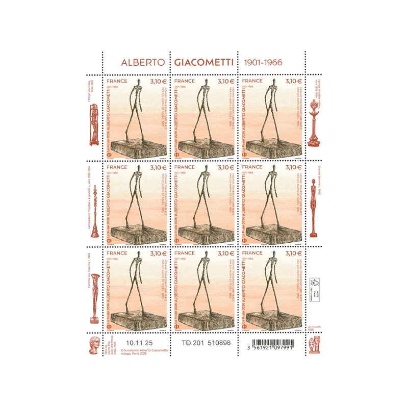 Timbre Alberto Giacometti en feuillet de France N°F210 neuf**.