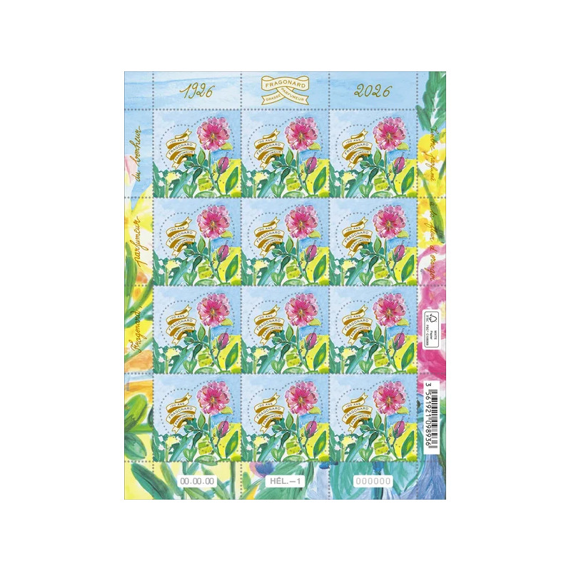 Feuillet de 12 timbres olfactifs Cœur Fragonard Rose de Mai neuf**.
